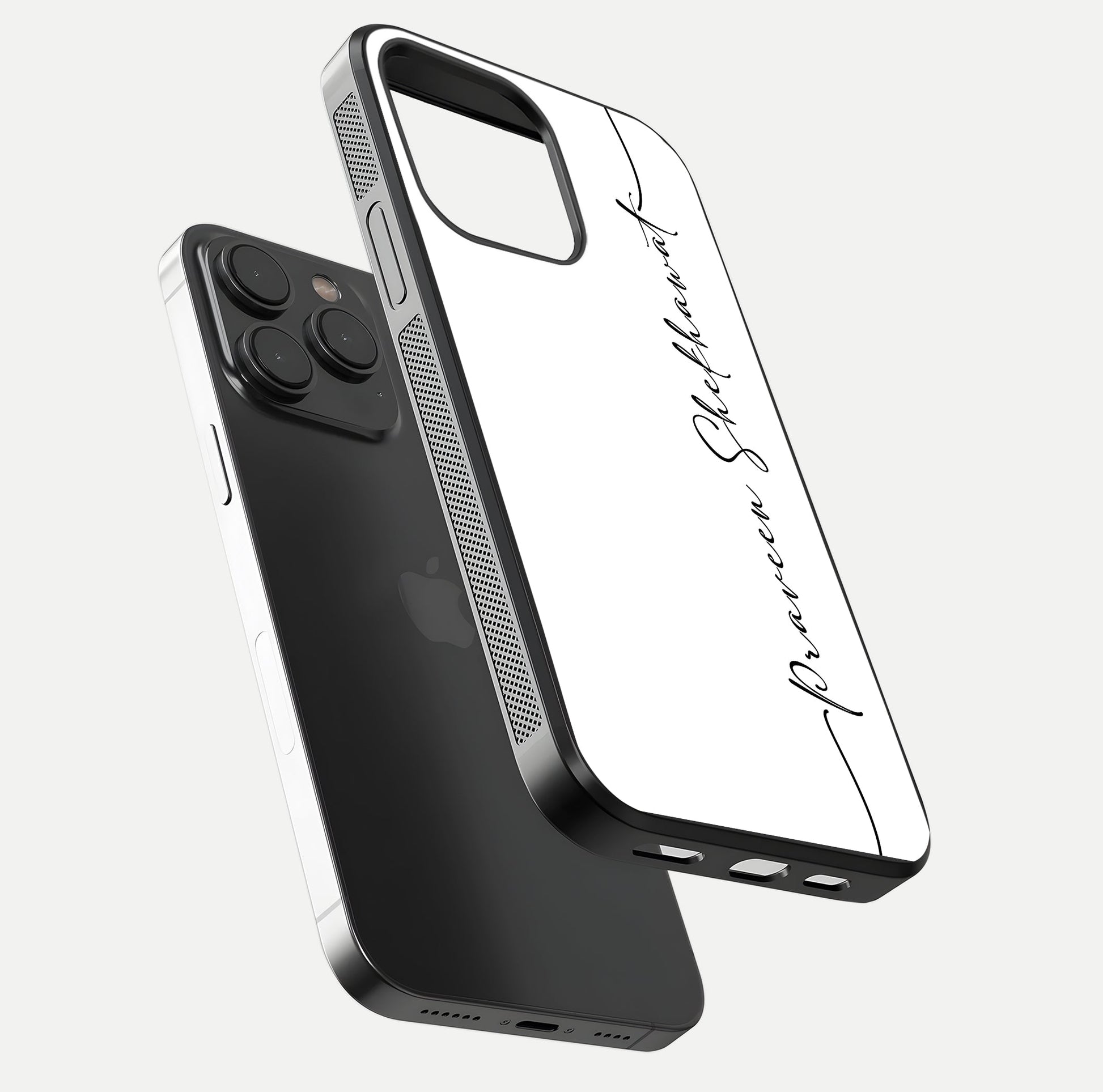 White Tune Custom Name Glass Case for iPhone 15 Pro floating dual-view mockup displaying gloss and HD detail