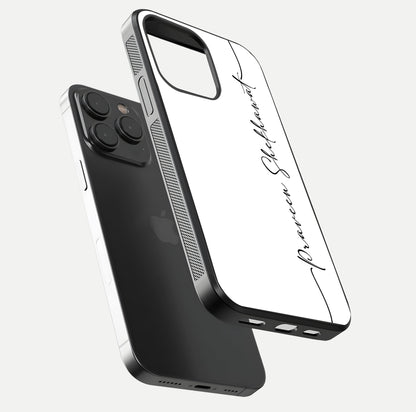 White Tune Custom Name Glass Case for iPhone 15 Pro floating dual-view mockup displaying gloss and HD detail
