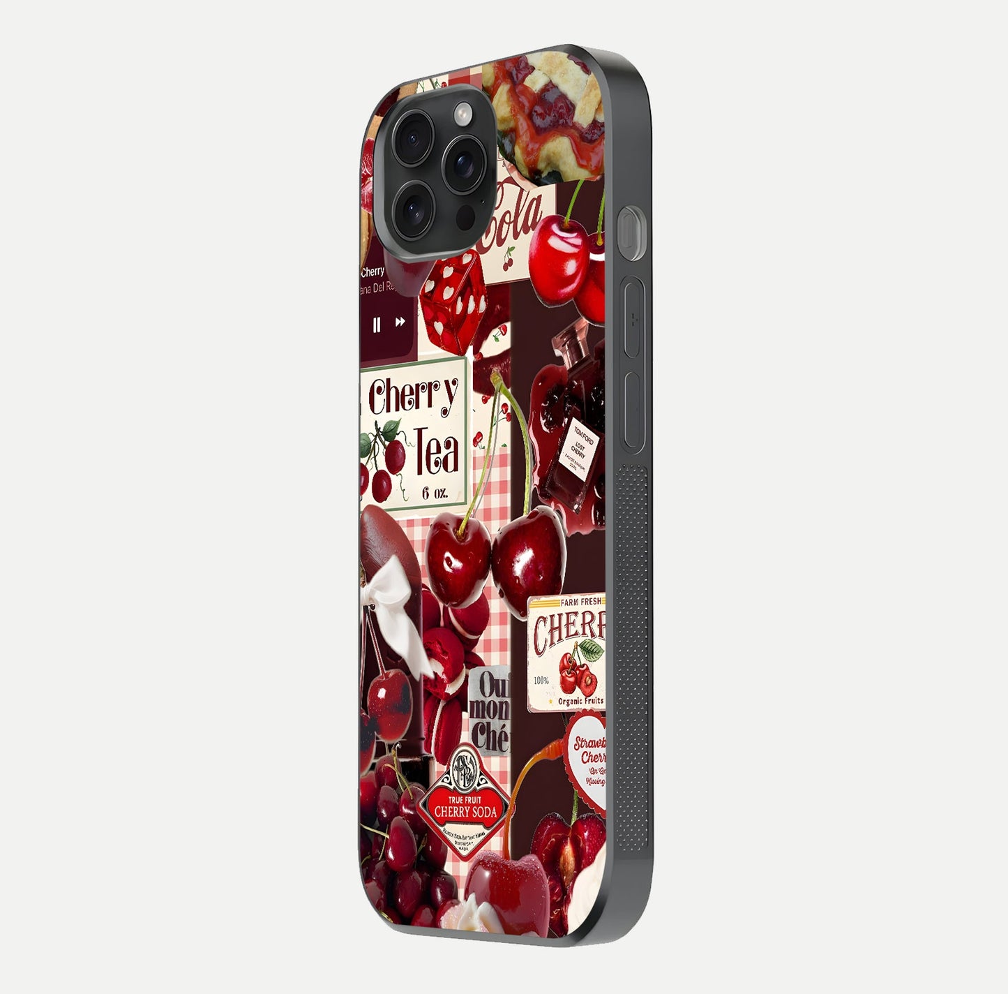 Aesthetic Cherry Tea Glass Case for iPhone 15 Pro side-angle image showing cherry collage print, camera module, and glossy finish reflection