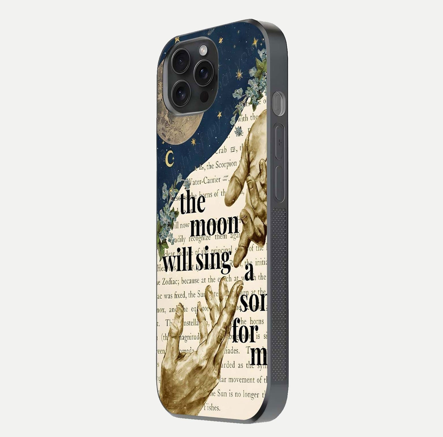 Aesthetic Divine Glass Case for iPhone 15 Pro side-angle image showing divine abstract design, camera module, and glossy finish reflection