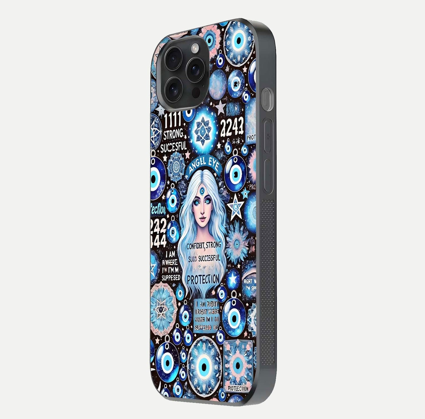 Angel Aura Shield Glass Case for iPhone 15 Pro side-angle photo showcasing aura details and glossy surface reflection