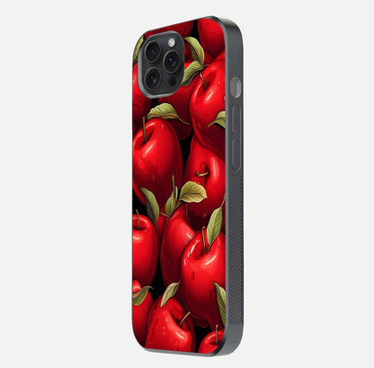 Apple Pattern Glass Case for iPhone 15 Pro side-angle image showcasing minimalist apple print and gloss reflection