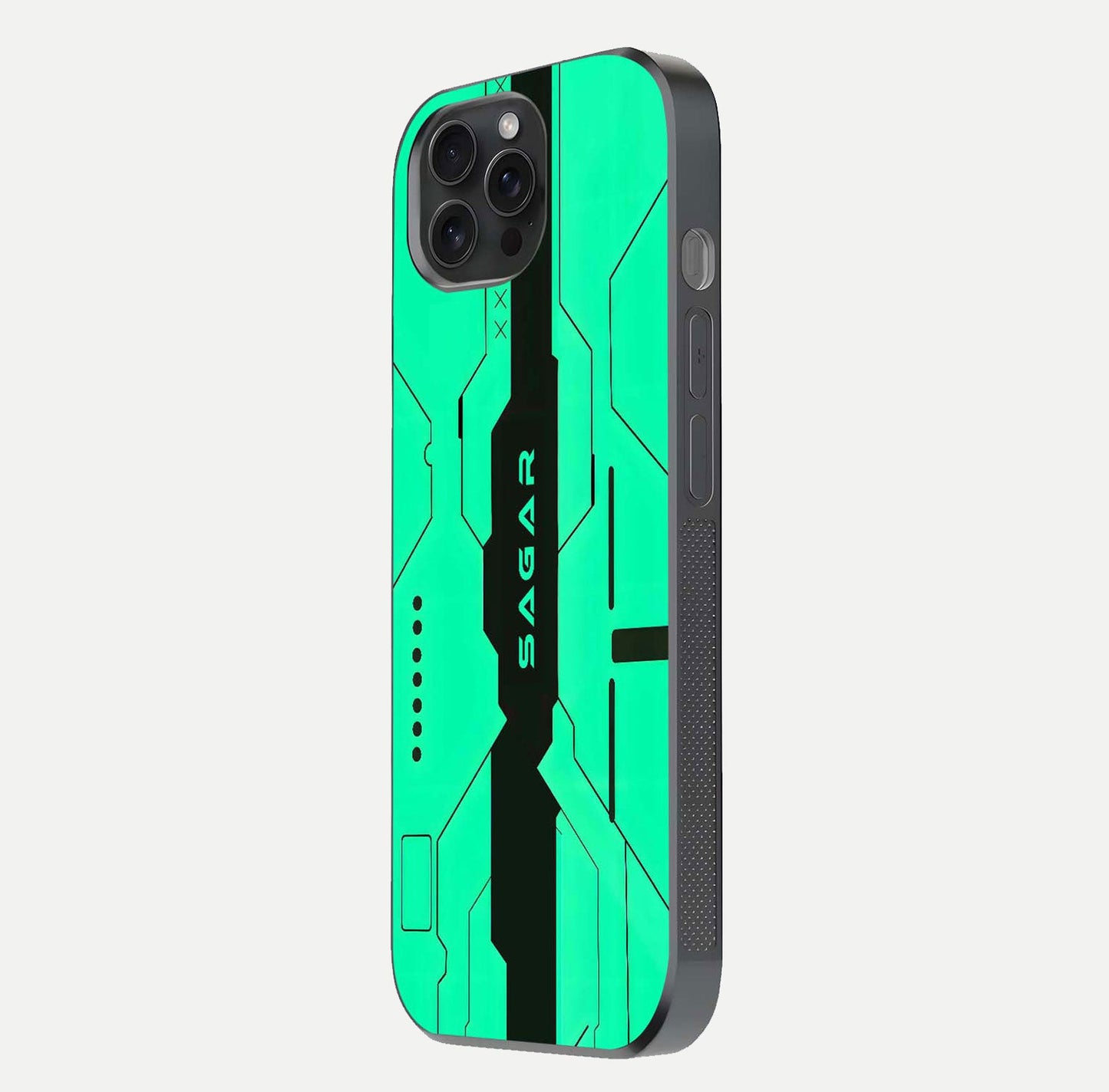 Aqua Tech CYBERPUNK Custom Name Glass Case for iPhone 15 Pro side-angle image with glowing edges and glossy surface