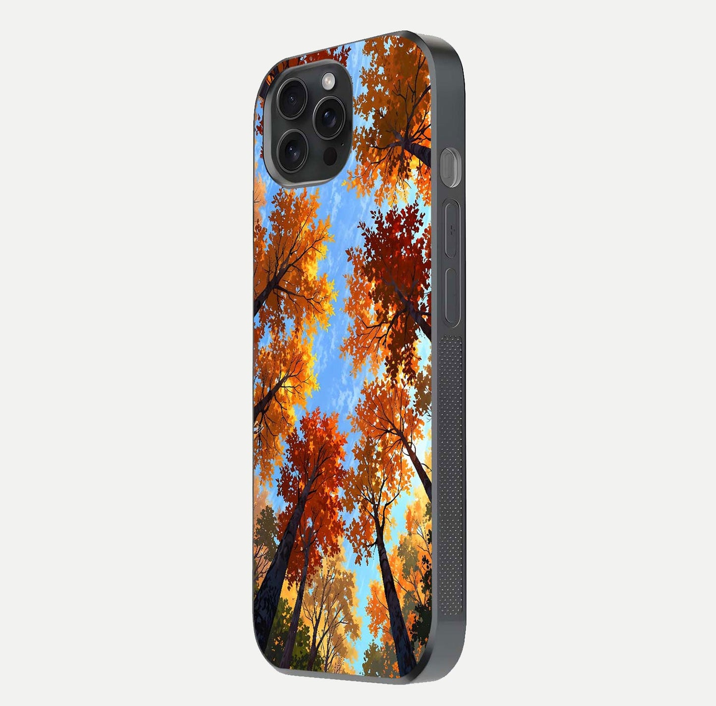 Autumn Sky Rise Glass Case for iPhone 15 Pro side-angle showing autumn art tones and protective corners