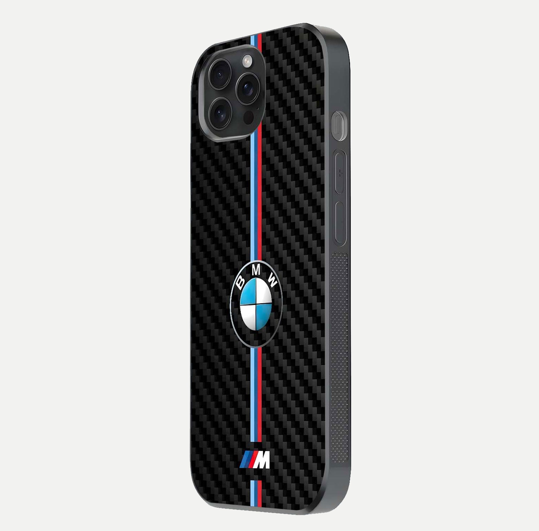 BMW Pattern Glass Case for iPhone 15 Pro side-angle image showing edge finish and luxury car-inspired shine