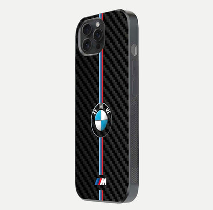 BMW Pattern Glass Case for iPhone 15 Pro side-angle image showing edge finish and luxury car-inspired shine