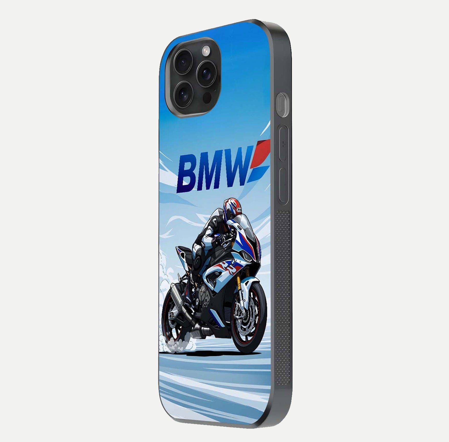 BMW Power Drift Glass Case for iPhone 15 Pro side-angle image emphasizing smooth finish and detailed design