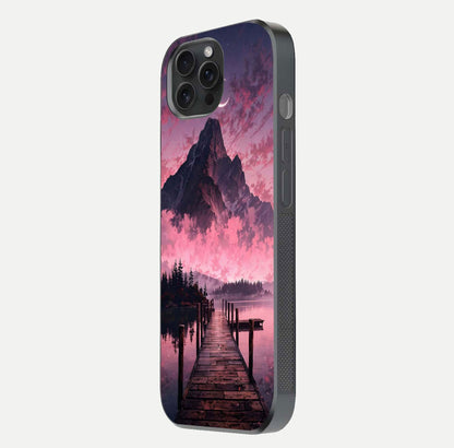 Beautyful Mountain View Glass Case for iPhone 15 Pro side-angle image displaying mountain artwork and gloss surface