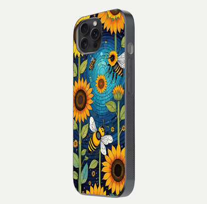 Bees & Sunflowers Glass Case for iPhone 15 Pro side-angle image showing bee pattern alignment and shiny protective surface