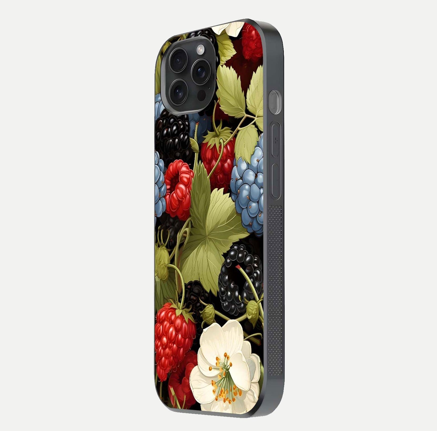 Berry Bloom Charm Glass Case for iPhone 15 Pro side-angle image showing floral texture and high-definition print gloss