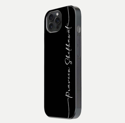Black Tune Custom Name Glass Case for iPhone 15 Pro side-angle photo showing mirror-like surface and slim profile