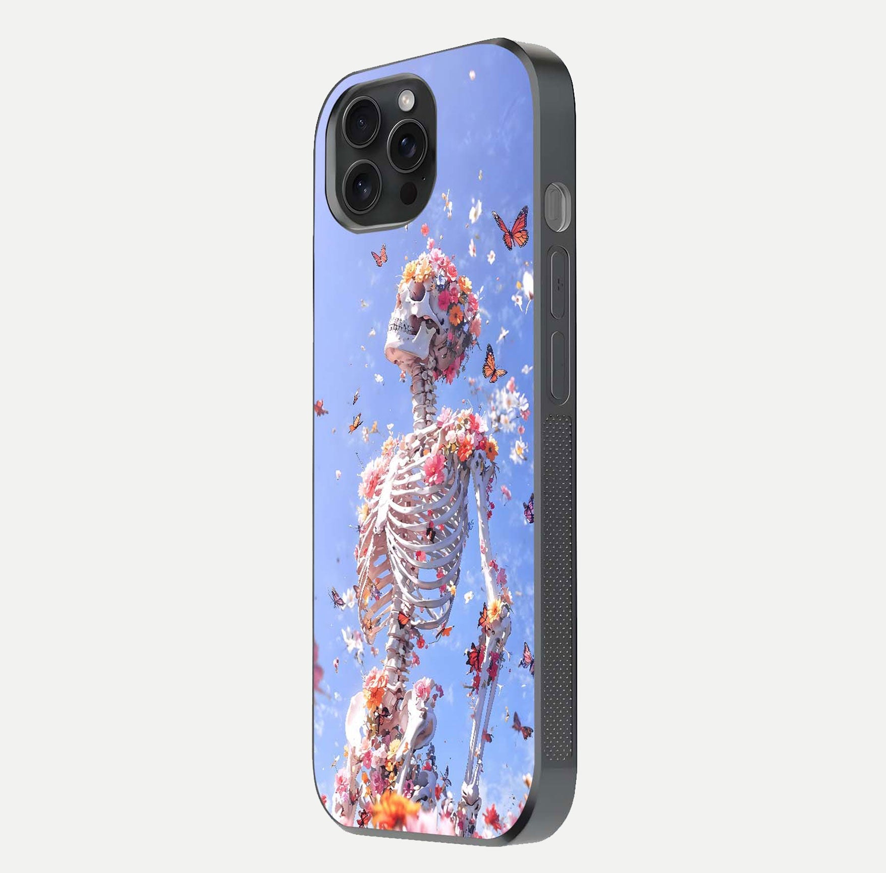 Bloom Beyond Bones Glass Case for iPhone 15 Pro side-angle image highlighting print precision and gloss finish