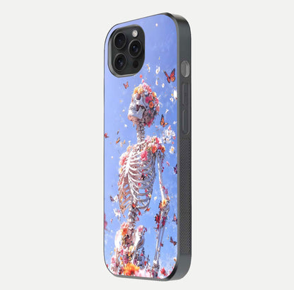 Bloom Beyond Bones Glass Case for iPhone 15 Pro side-angle image highlighting print precision and gloss finish