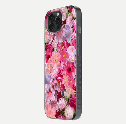 Bloom Crush Fantasy Glass Case for iPhone 15 Pro side-angle shot with fantasy bloom art and gloss surface