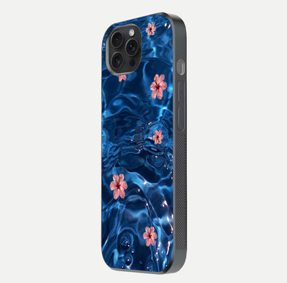 Blooming Water Drift Glass Case for iPhone 15 Pro side-angle image showcasing blossom flow, curved corners, and HD glass gloss