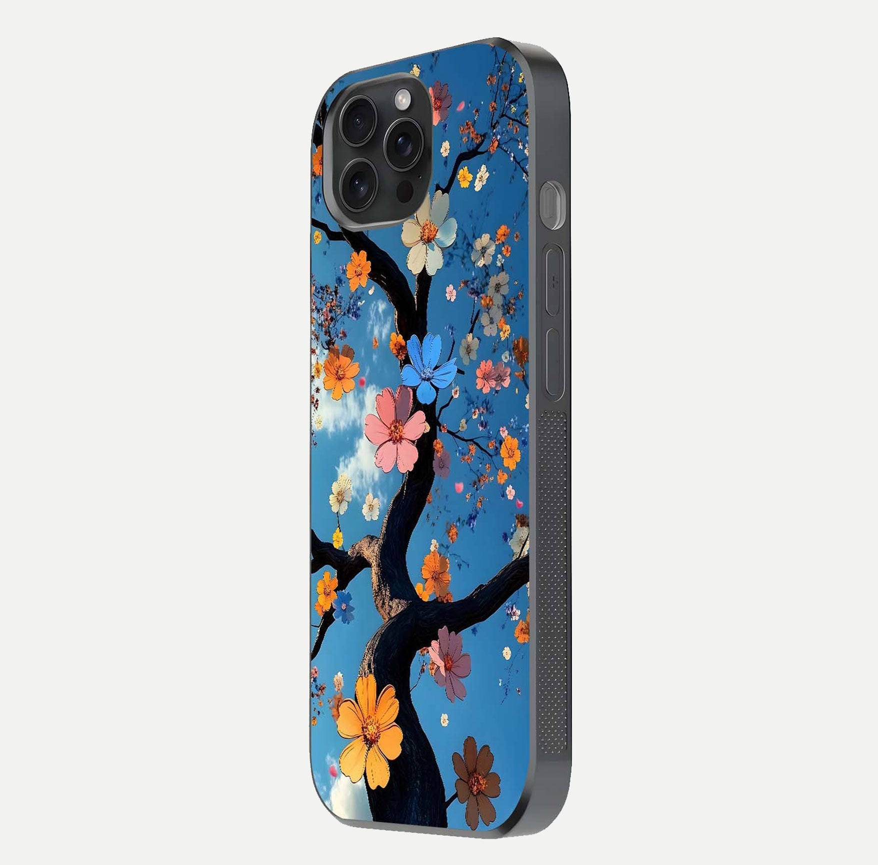 Blossom Dream Sky Glass Case for iPhone 15 Pro side-angle photo showing flower details, edge curve, and reflection shine