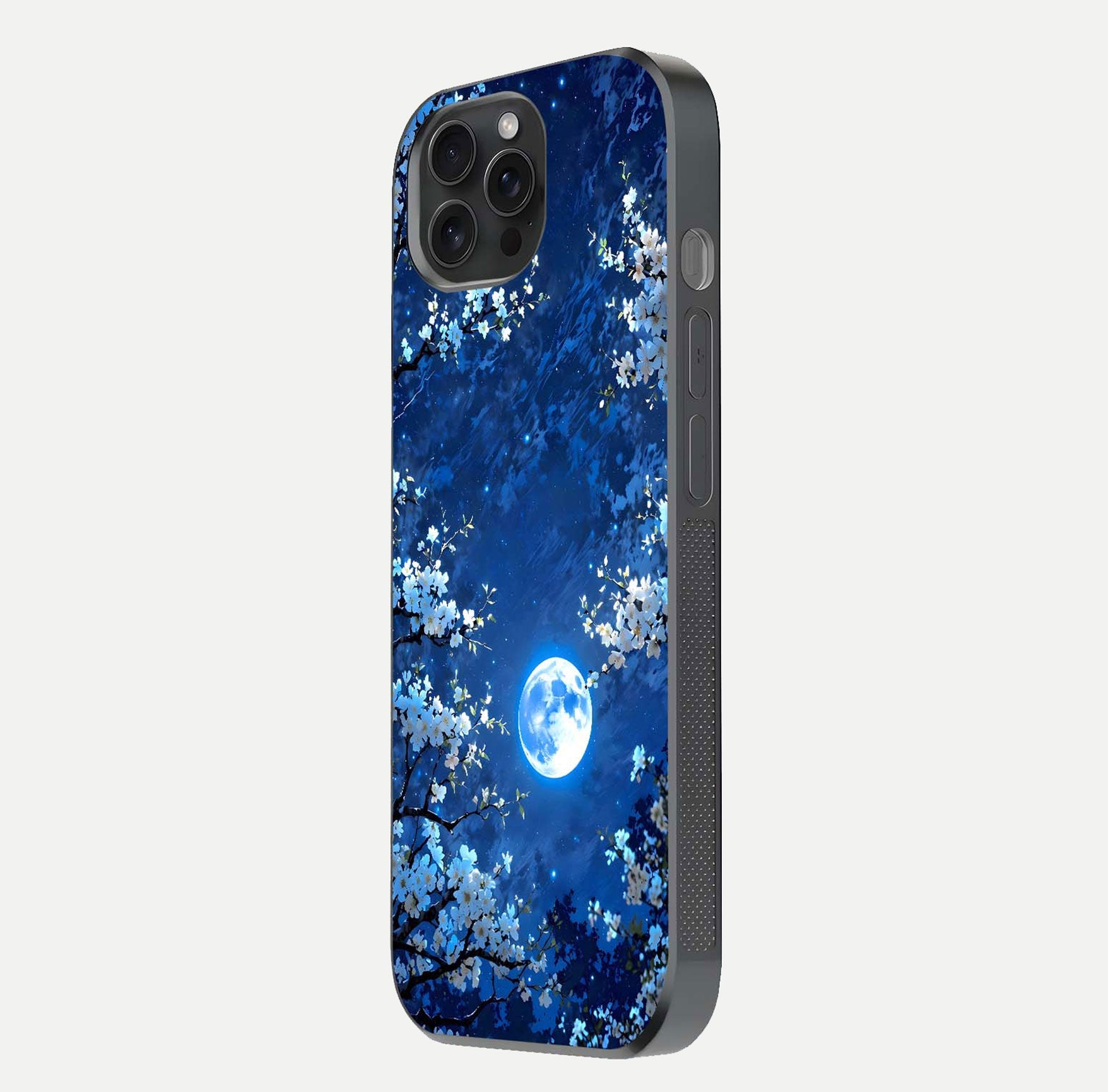 Blossom Moonlight Sky Glass Case for iPhone 15 Pro side-angle view emphasizing moonlight tones and protective edge
