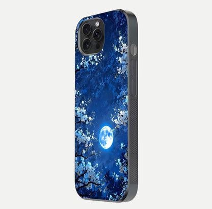 Blossom Moonlight Sky Glass Case for iPhone 15 Pro side-angle view emphasizing moonlight tones and protective edge