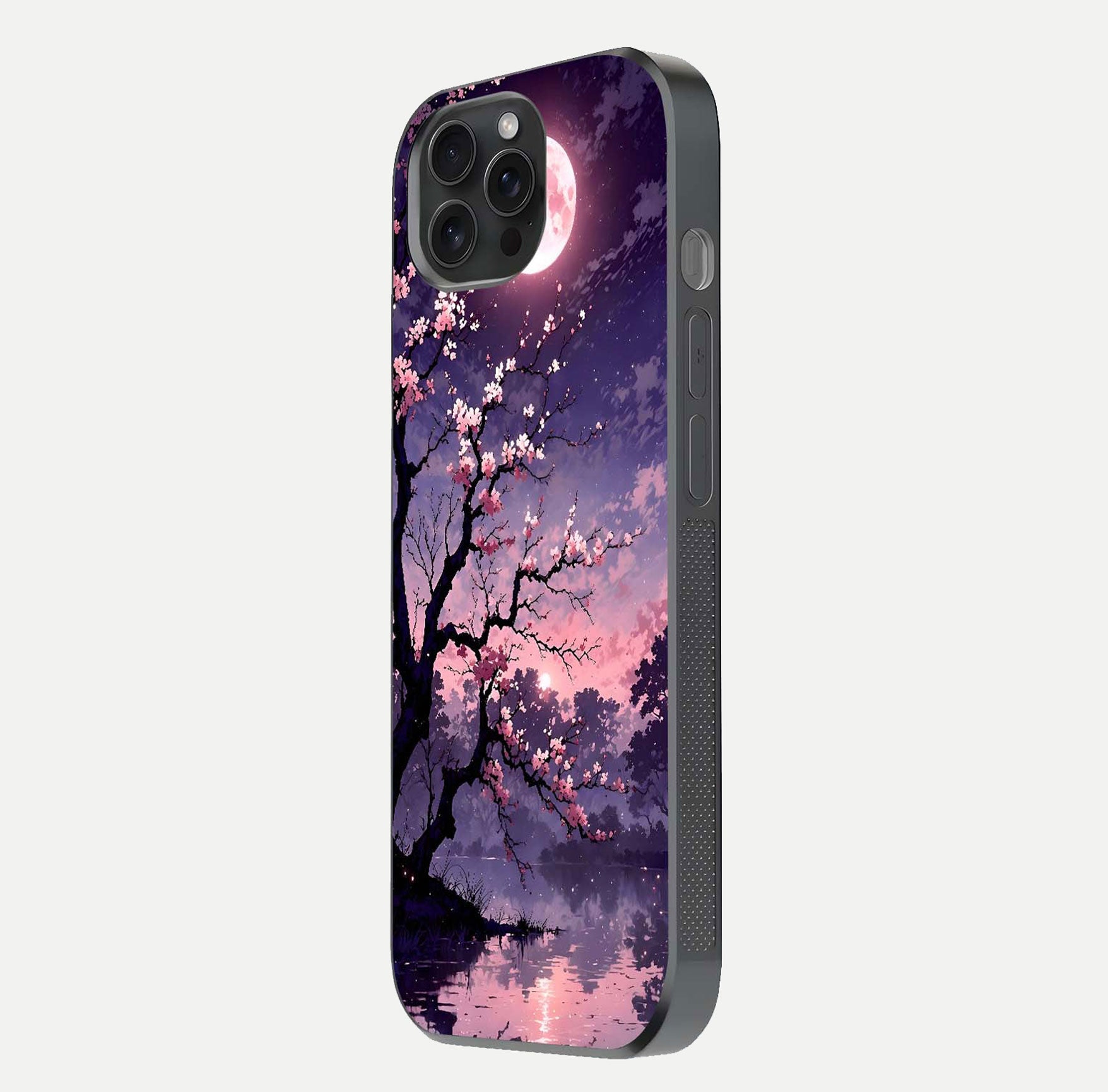 Blossom Pink Moon Glass Case for iPhone 15 Pro side-angle image showing glossy curve and floral-moon balance