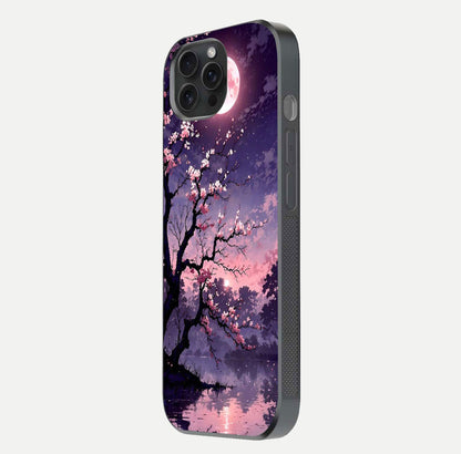 Blossom Pink Moon Glass Case for iPhone 15 Pro side-angle image showing glossy curve and floral-moon balance