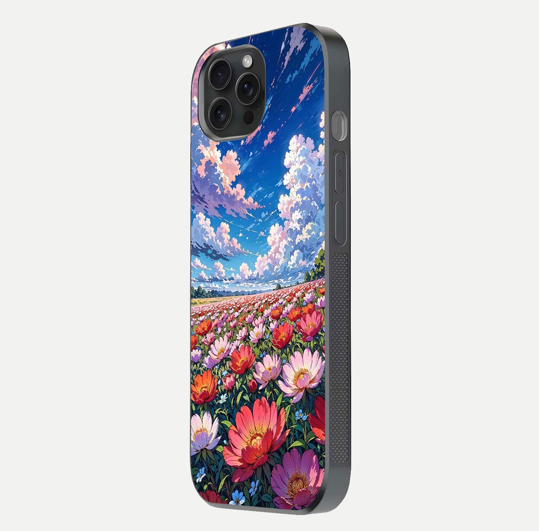 Blossom Sky Field Glass Case for iPhone 15 Pro side-angle showing sky hues, blossom texture, and reflective shine