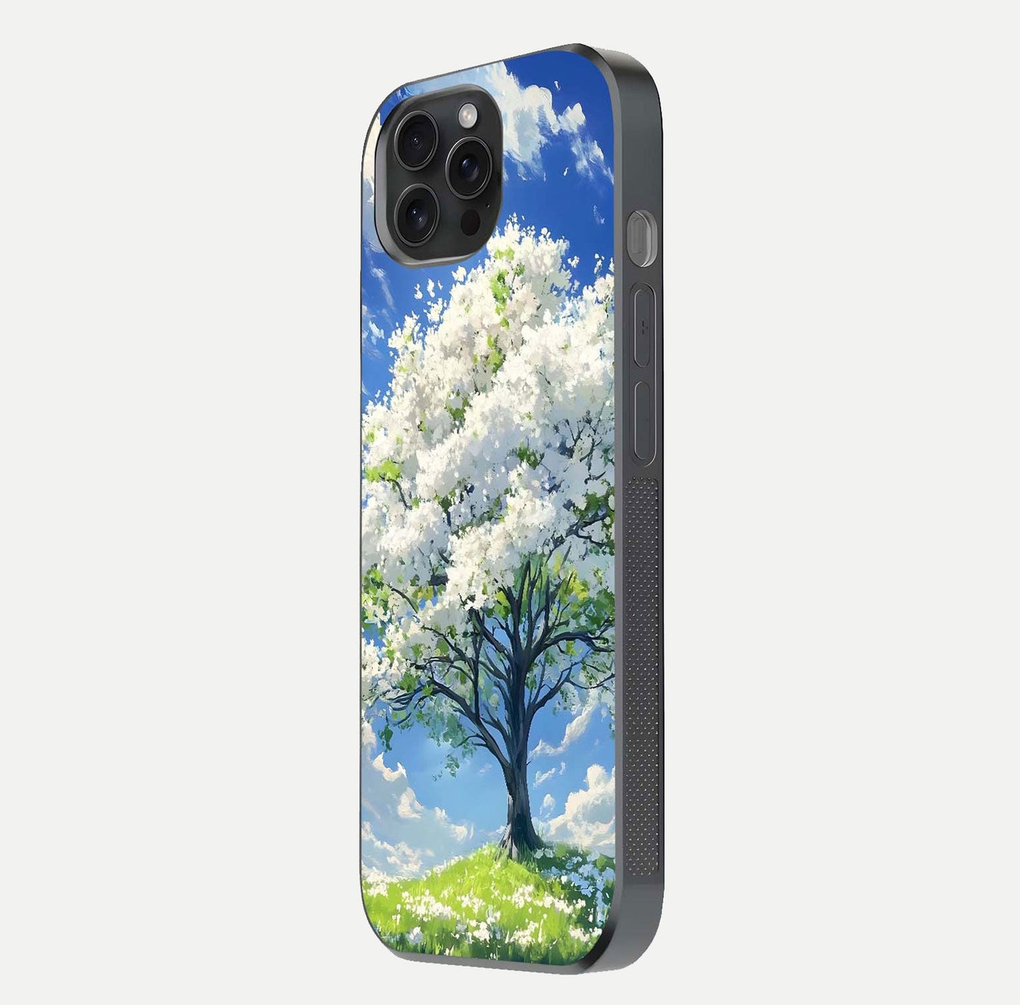 Blossom Sky Serenity Glass Case for iPhone 15 Pro side-angle image showing elegant edge flow and light reflection