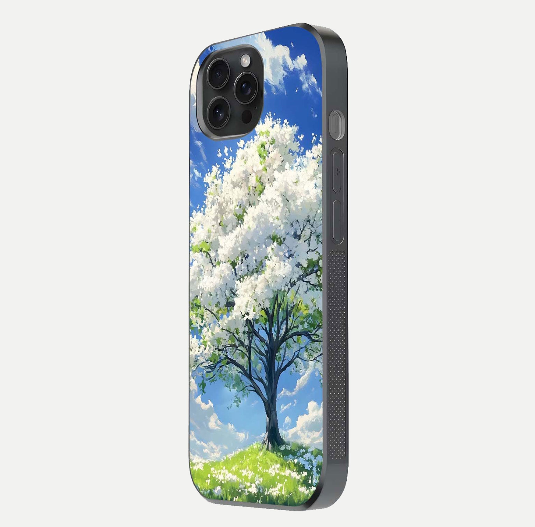 Blossom Sky Serenity Glass Case for iPhone 15 Pro side-angle image showing elegant edge flow and light reflection