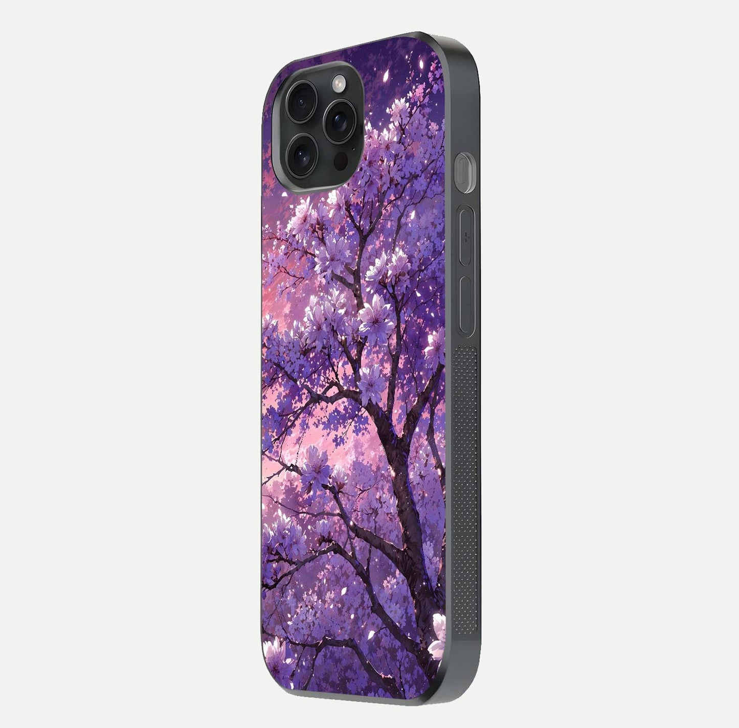 Blossom Tree Glass Case for iPhone 15 Pro side-angle image showing floral tree artwork and reflection gloss