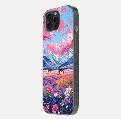Blossom Valley Dream Glass Case for iPhone 15 Pro side-angle shot showcasing bloom tones and gloss texture