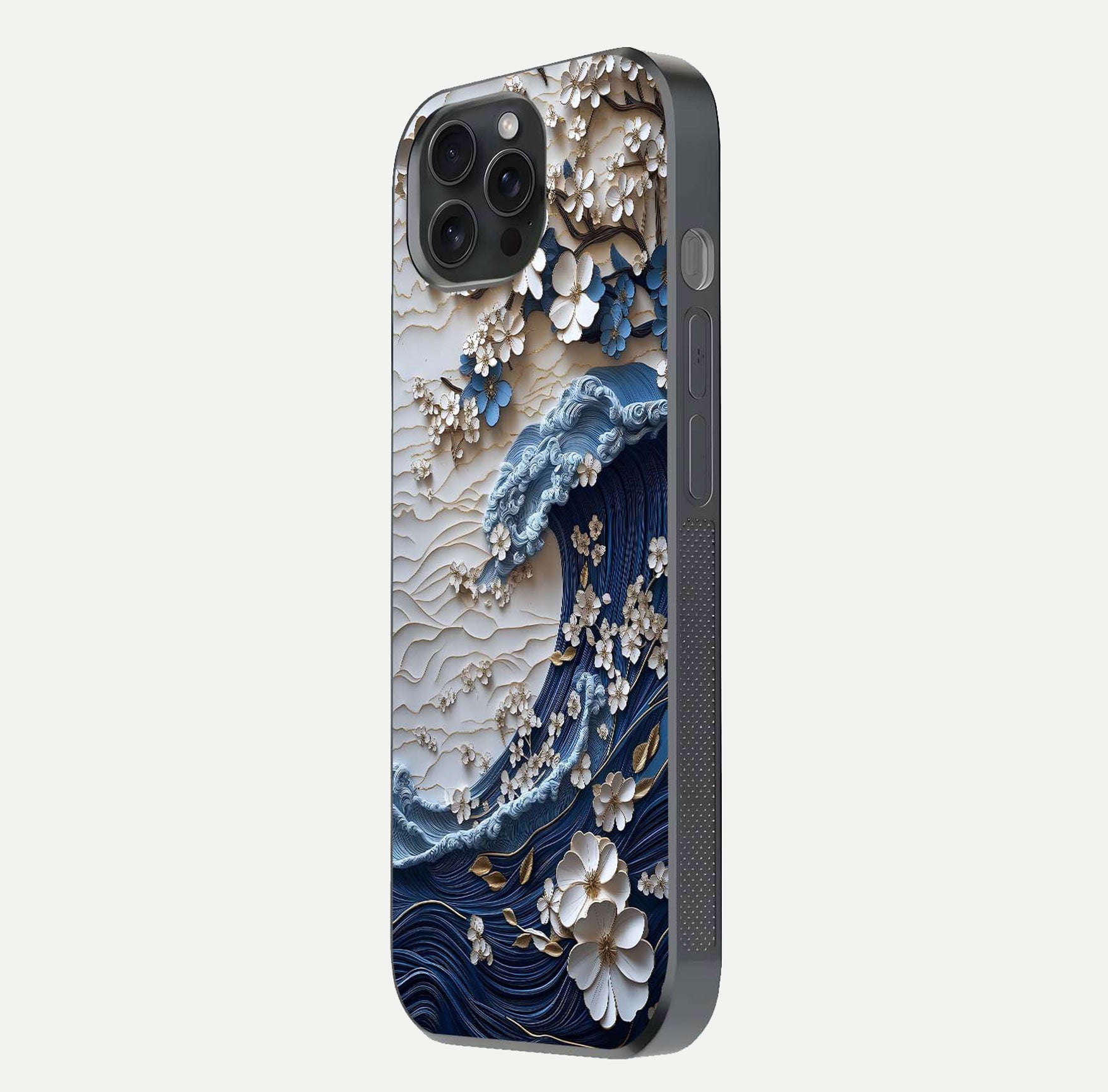 Blossom Wave Art Glass Case for iPhone 15 Pro side-angle view showing wave-flow print and gloss edge finish