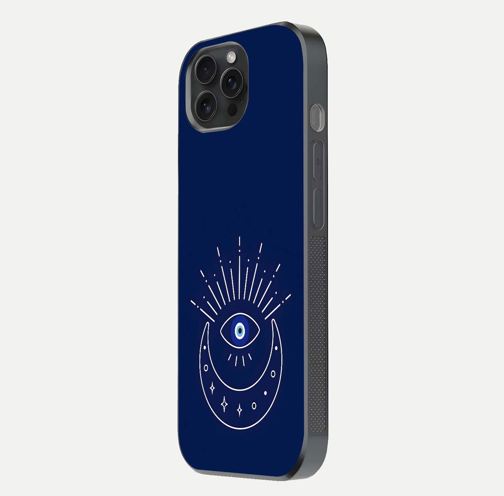 Blue Evil Eye Glass Case for iPhone 15 Pro side-angle view showing edge glow, color balance, and reflective surface