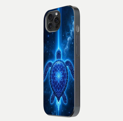 Blue Galaxy Turtle Glass Case for iPhone 15 Pro side-angle photo capturing galaxy shine and smooth edge design