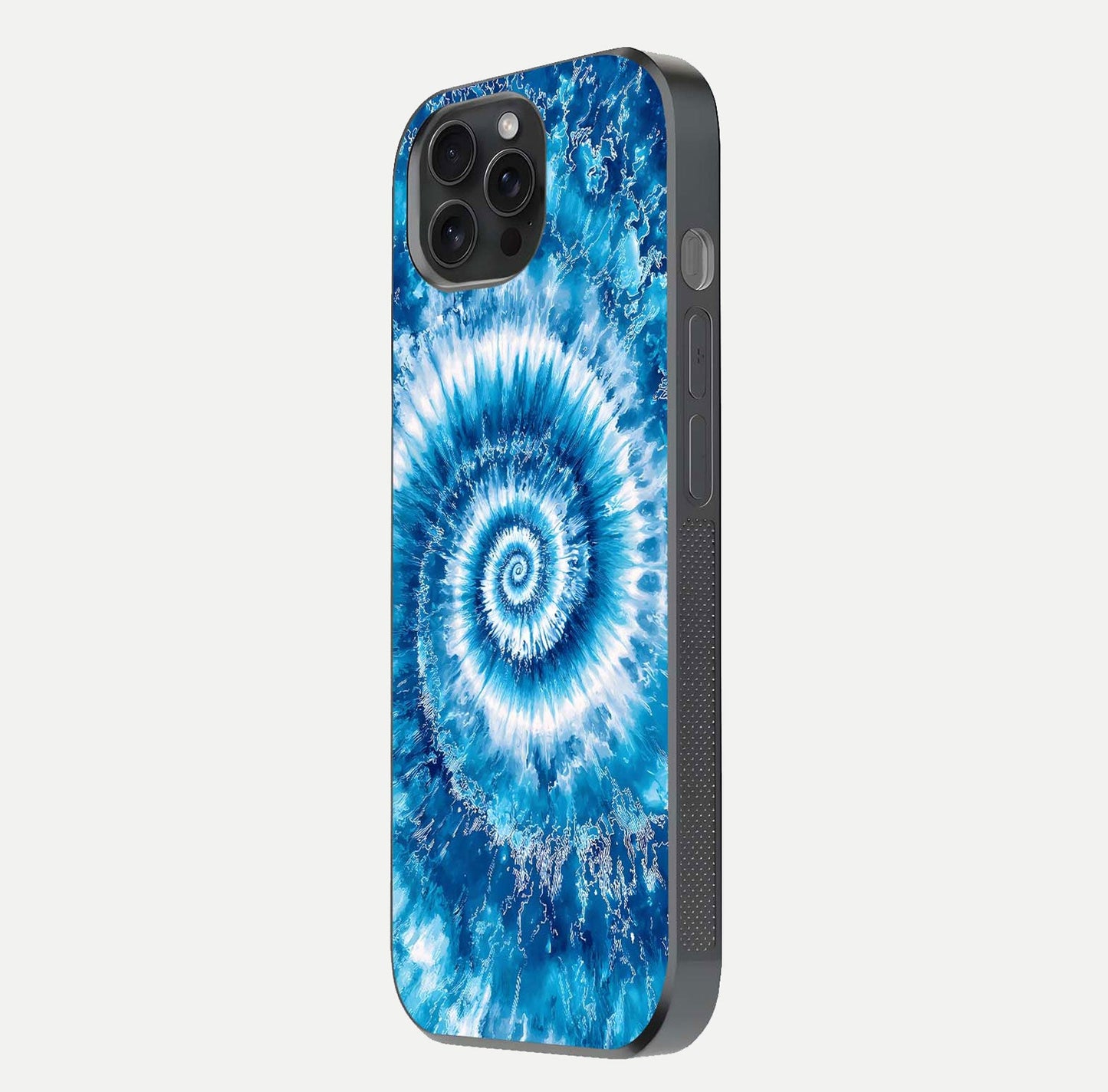 Blue Galaxy Wave Glass Case for iPhone 15 Pro side-angle image showing wave ripple art and glass gloss