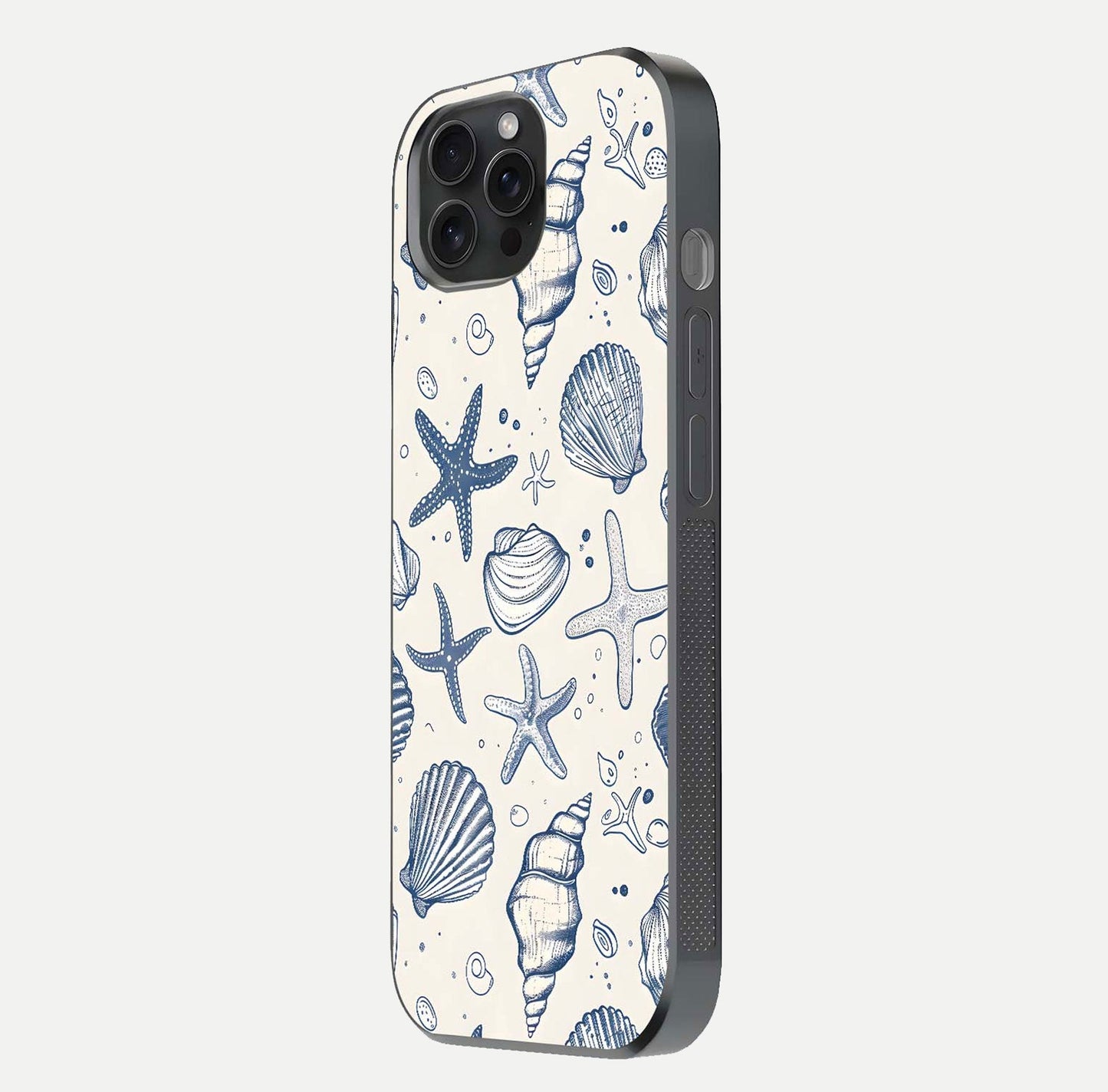 Blue Ocean Outline Glass Case for iPhone 15 Pro side-angle view showing clear edge lines and oceanic blue glow