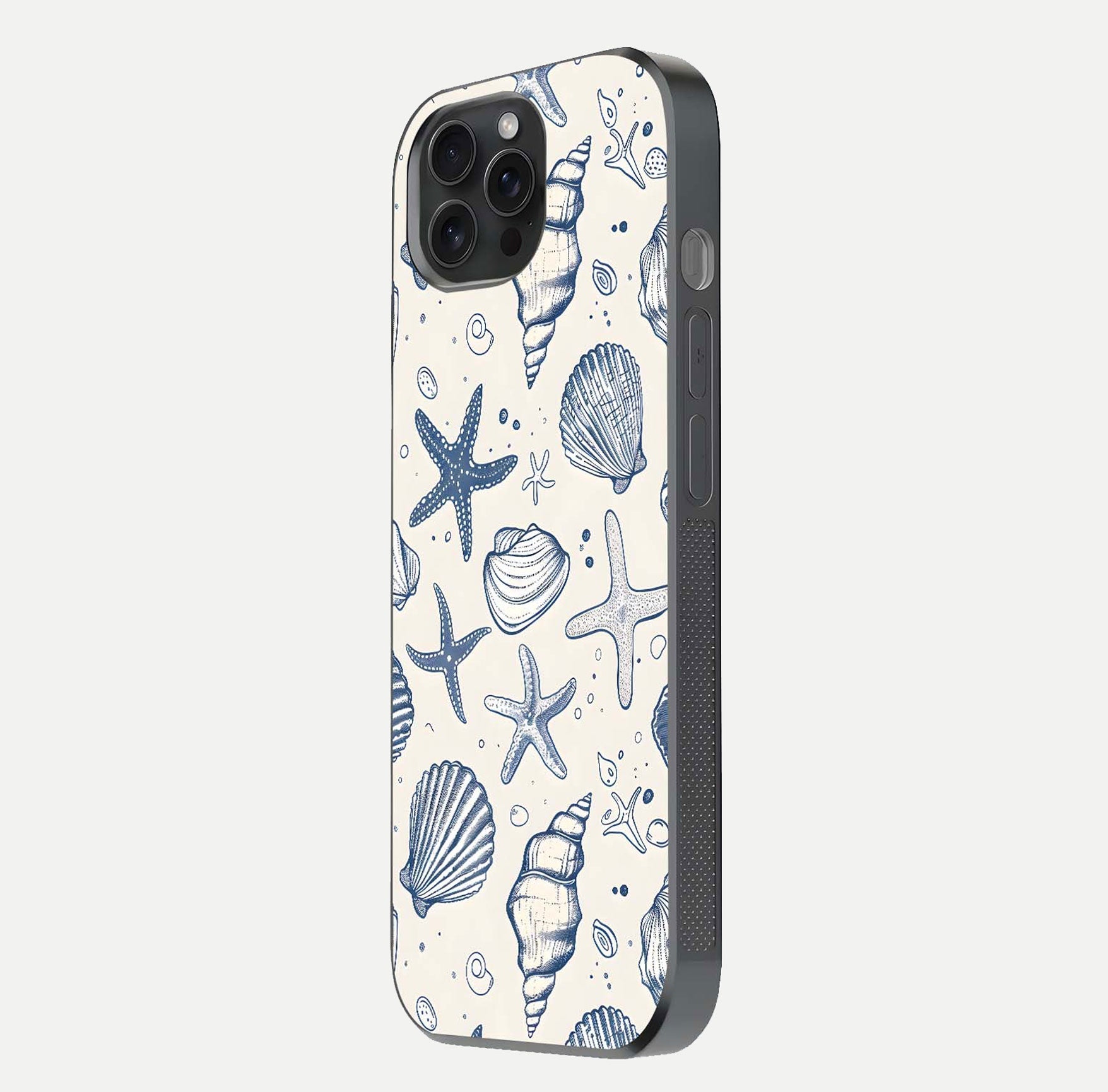 Blue Ocean Outline Glass Case for iPhone 15 Pro side-angle view showing clear edge lines and oceanic blue glow