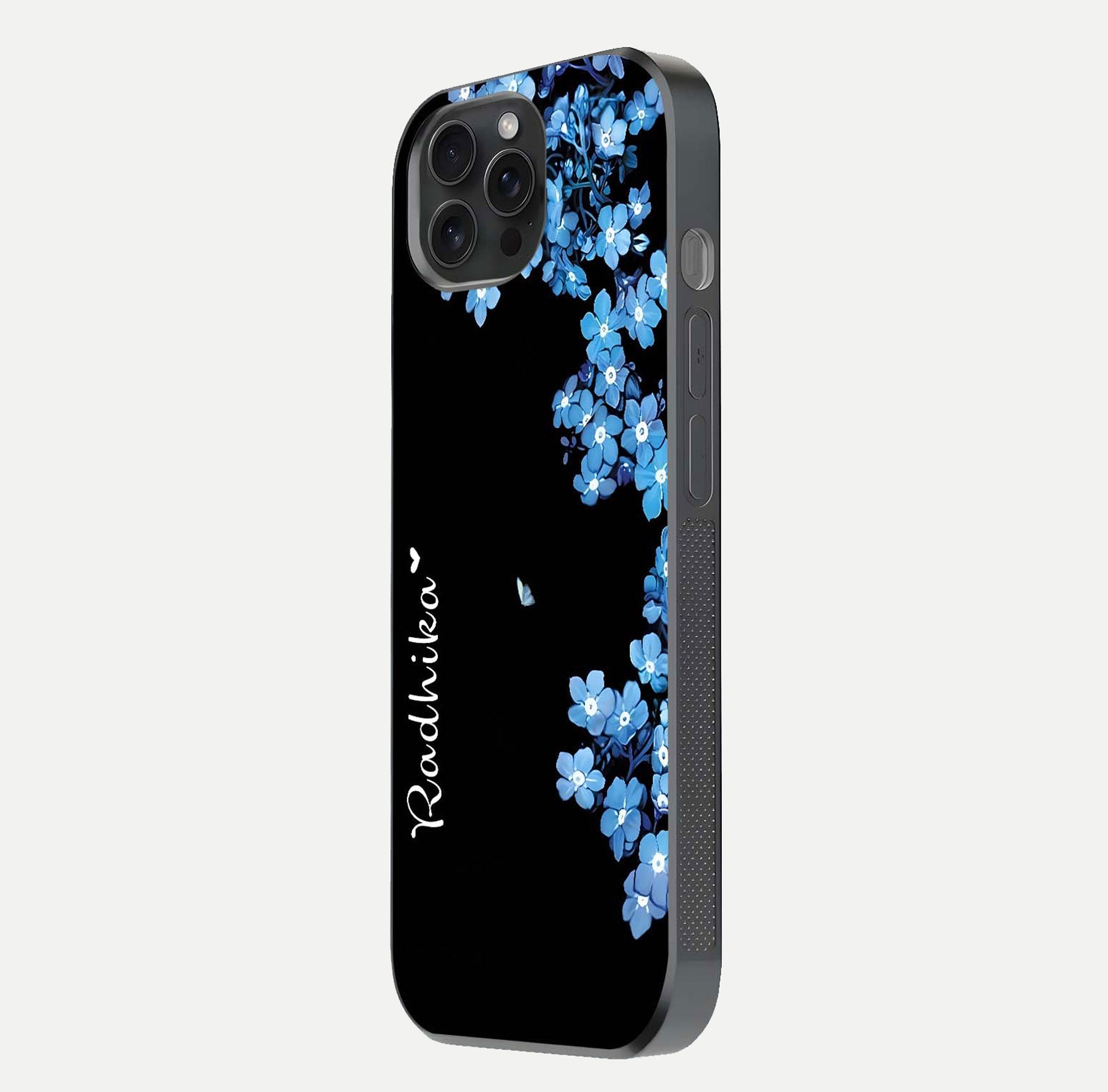 Blue Petal Dream Custom Name Glass Case for iPhone 15 Pro side-angle image showing name print clarity and smooth gloss