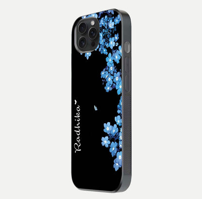 Blue Petal Dream Custom Name Glass Case for iPhone 15 Pro side-angle image showing name print clarity and smooth gloss