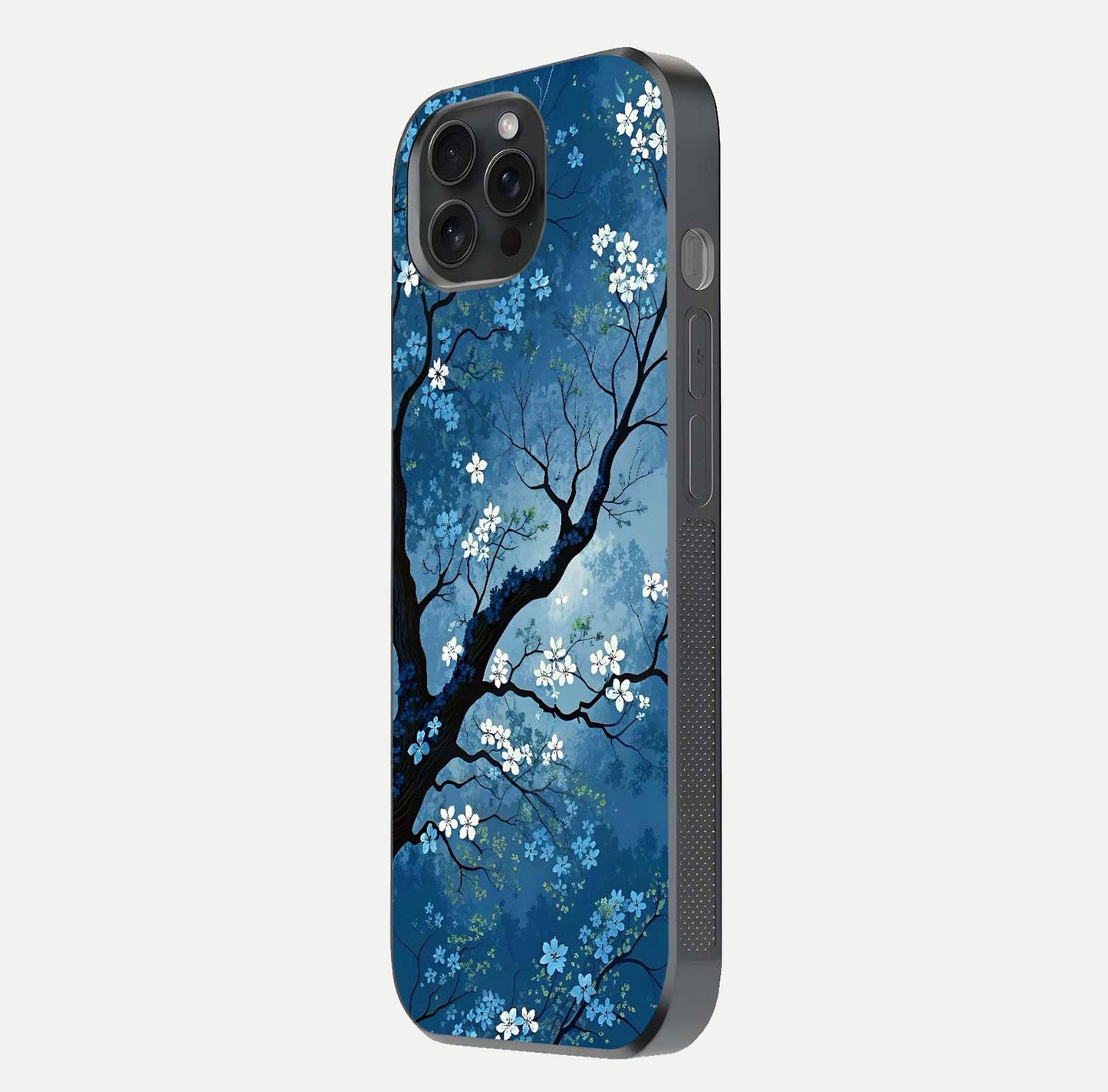 Blue Tree Serenity Glass Case for iPhone 15 Pro side-angle shot showing glossy edge and tree pattern reflection