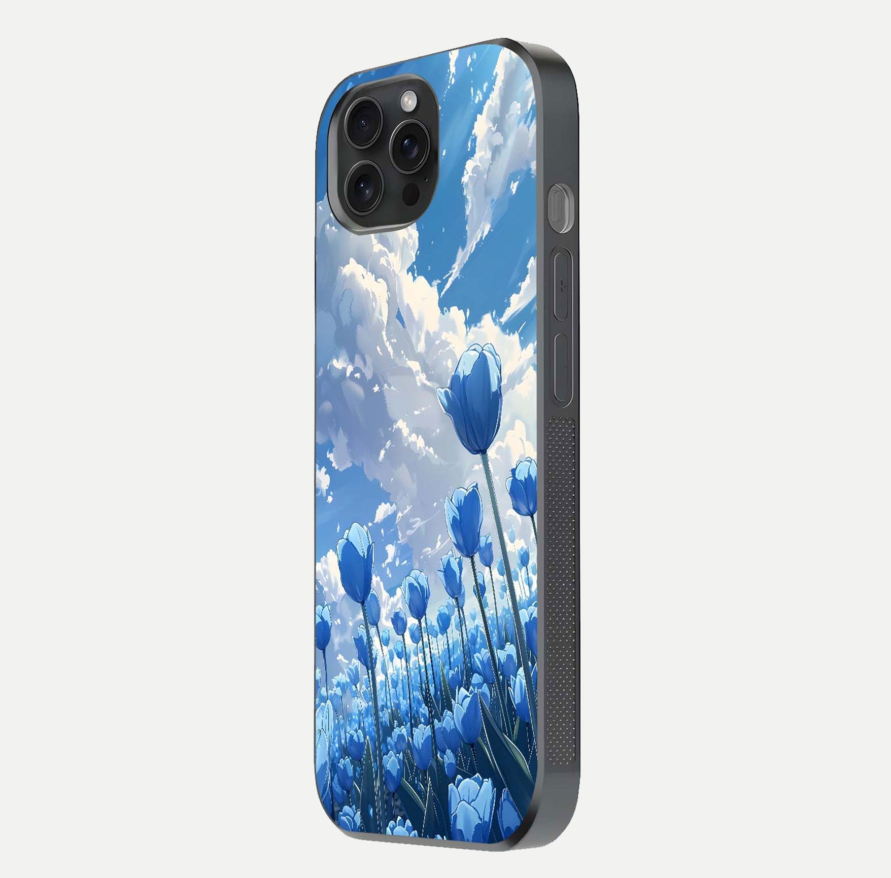 Blue Tulip Clouds Glass Case for iPhone 15 Pro side-angle image showing edge curve and flower reflection glow