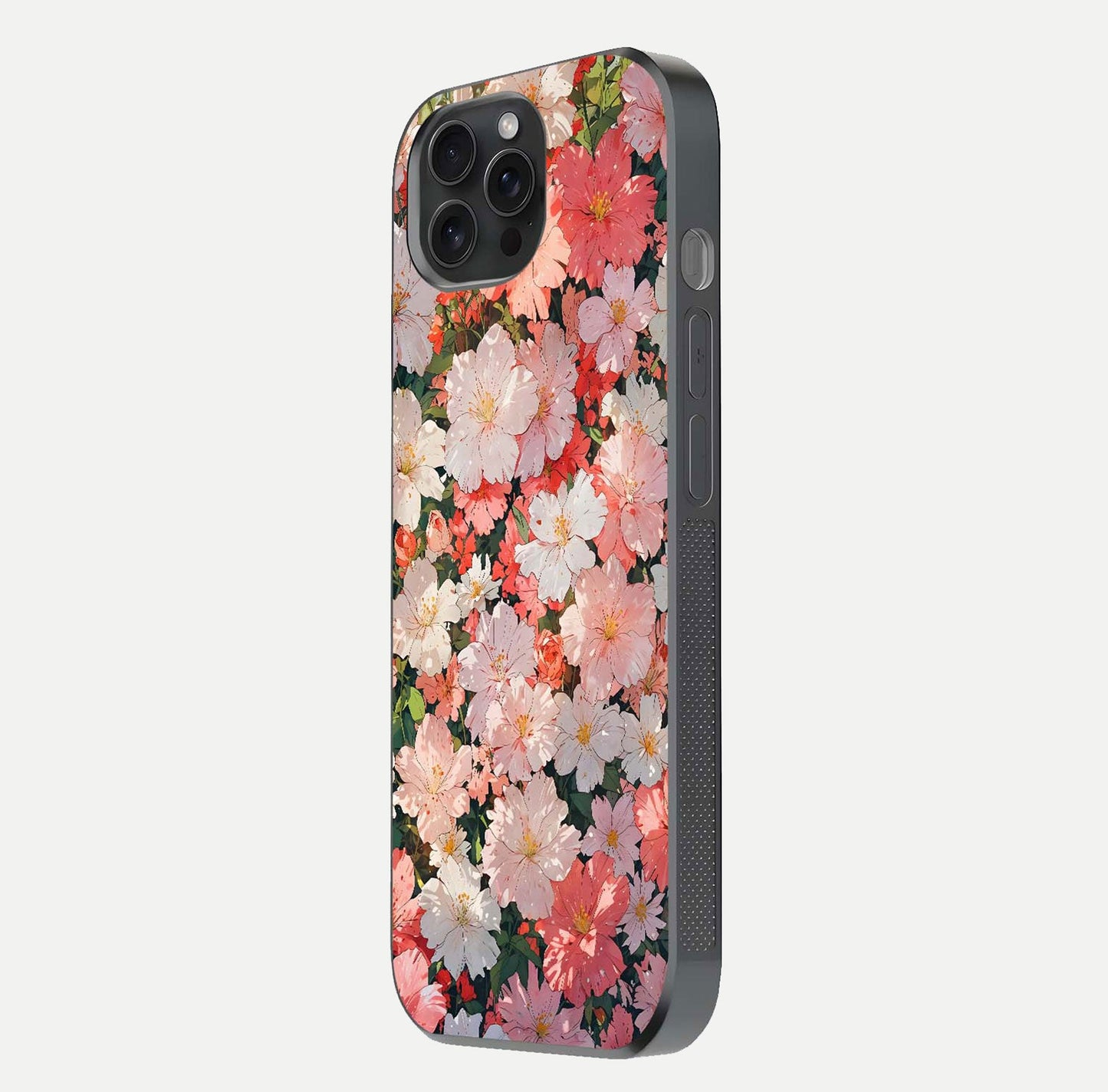 Blush Bloom Field Glass Case for iPhone 15 Pro side-angle image showing petal pattern gloss and smooth edges