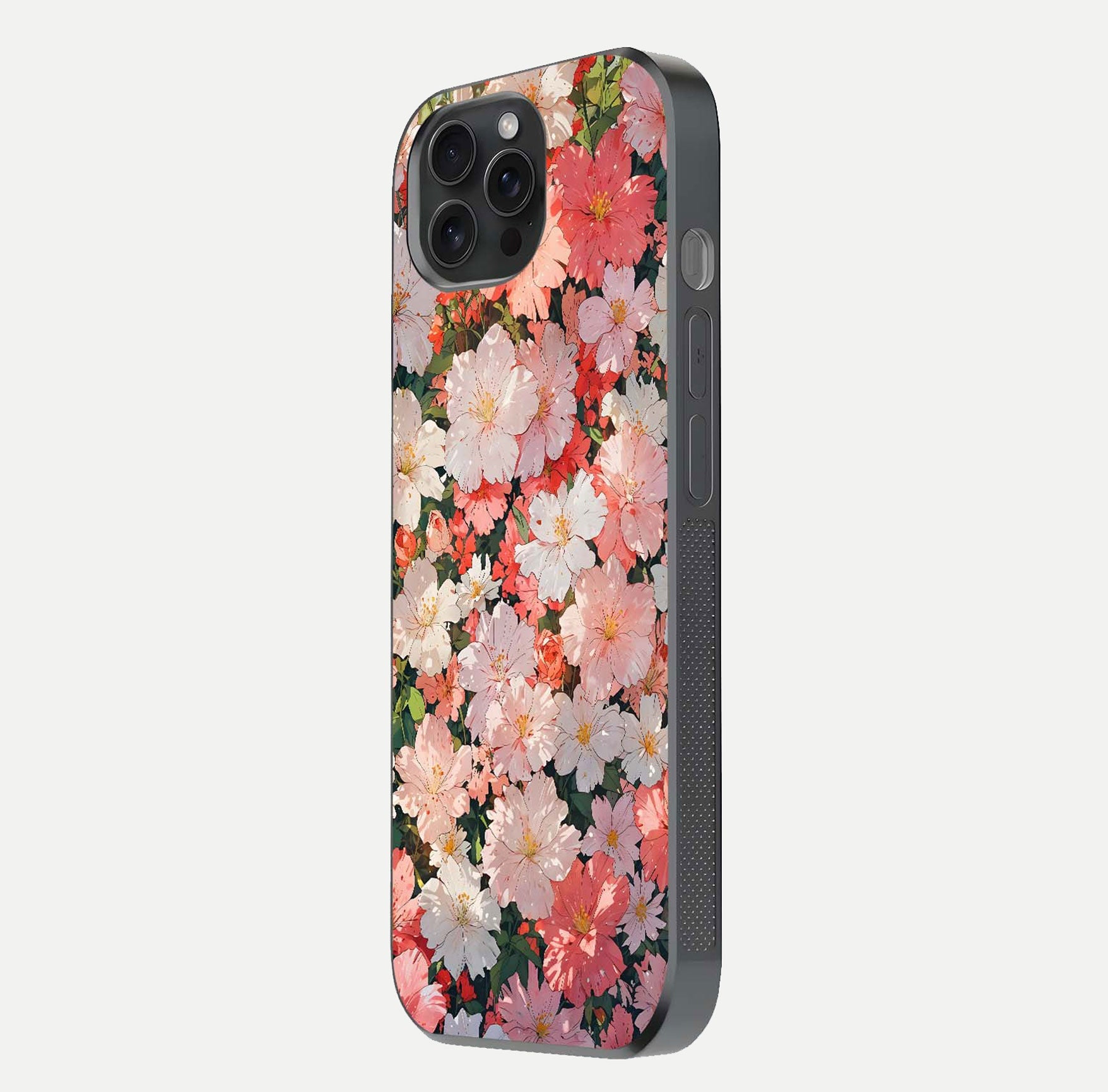 Blush Bloom Field Glass Case for iPhone 15 Pro side-angle image showing petal pattern gloss and smooth edges
