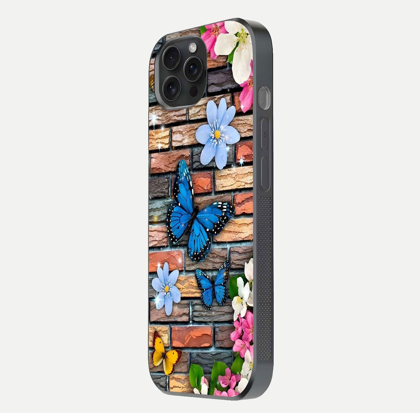 Brick Bloom Flight Glass Case for iPhone 15 Pro side-angle photo showing curve shine and detailed petal contrast