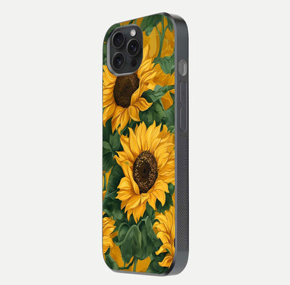 Bright Sunflower Bloom Glass Case for iPhone 15 Pro side-angle image showing shine texture and detailed bloom