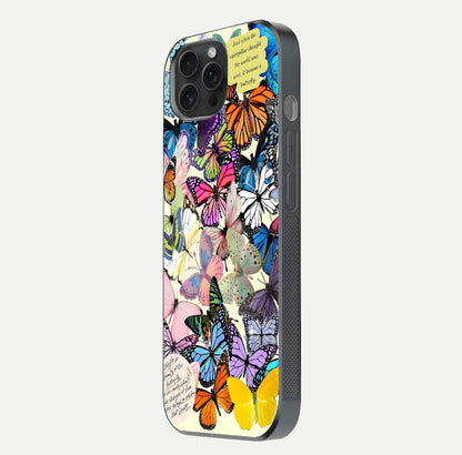 Butterflies Petal Dream Glass Case for iPhone 15 Pro side-angle shot showing butterfly motion and curved edges
