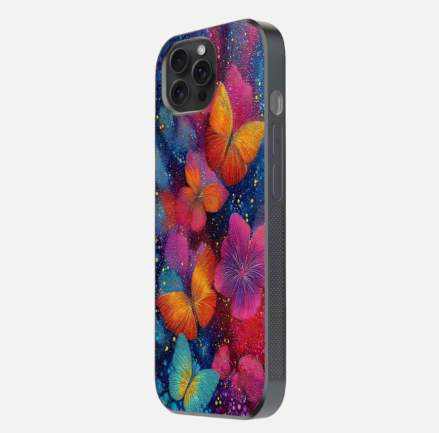 Butterfly Dream Mist Glass Case for iPhone 15 Pro side-angle image showing soft gradient and reflective glow