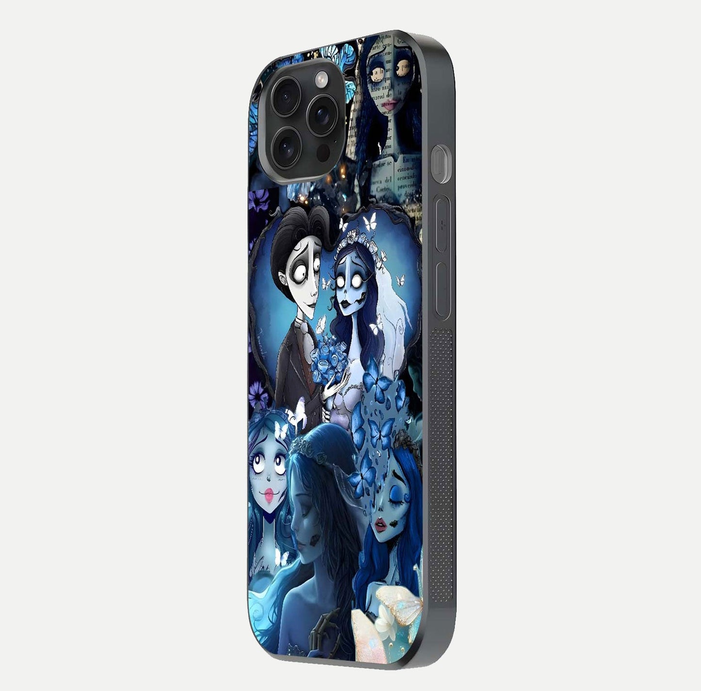 Butterfly Ghost Soul Glass Case for iPhone 15 Pro side-angle image capturing edge light and deep design tones