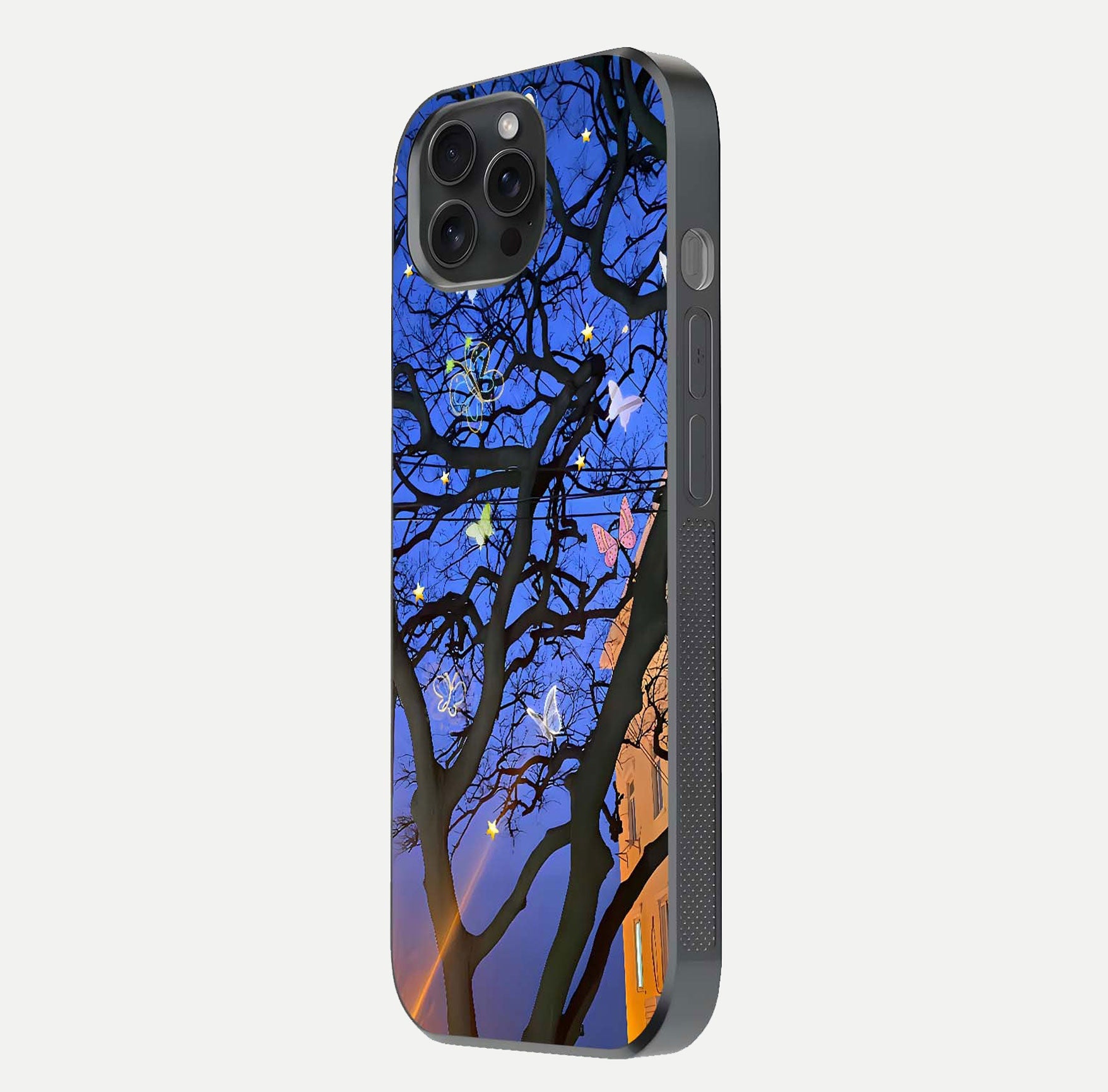 Butterfly Night Magic Glass Case for iPhone 15 Pro side-angle view capturing butterfly contrast and glossy depth