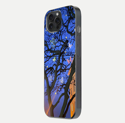 Butterfly Night Magic Glass Case for iPhone 15 Pro side-angle view capturing butterfly contrast and glossy depth