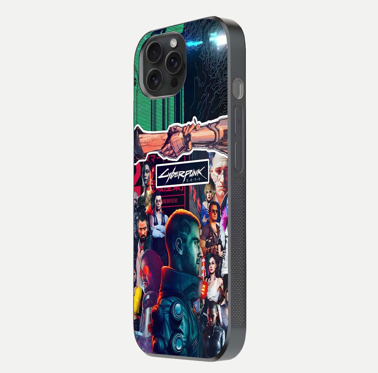 CYBERPUNK Legacy Glass Case for iPhone 15 Pro side-angle photo showing edge glow and reflective surface