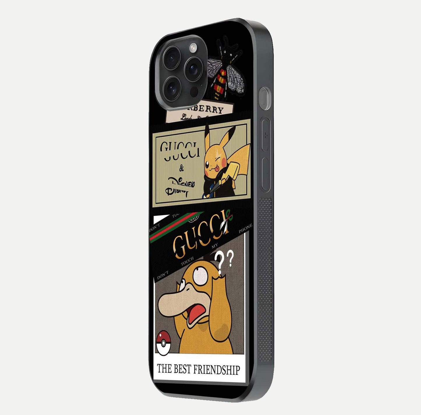 Cartoon Brand Play Mashup Glass Case for iPhone 15 Pro side-angle image showing reflection brightness and fun graphic mix